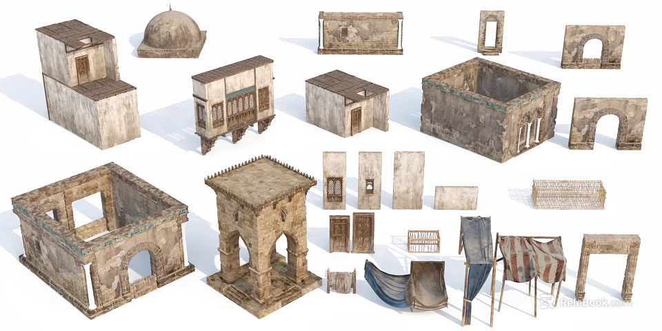 Ancient Architectural Components With Stone Domes Arches Windows And Tents 3d model