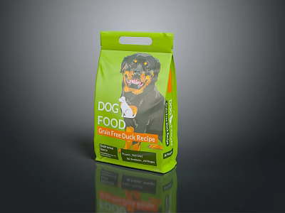 Grain Free Duck Recipe Dog Food with Rottweiler Image in Green Packaging 3d model