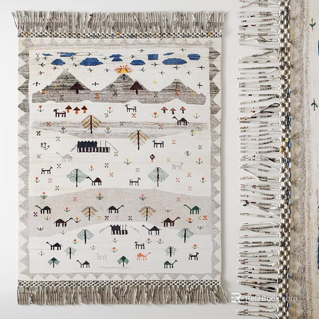 Fabric Wall Mural With Mountain Cloud Animal Tree House And Geometric Pattern Design 3d model