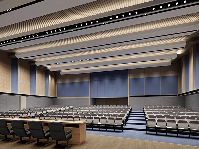 Spacious Conference Room With Neatly Arranged Seats Ceiling Lighting And Wooden Wall Decor 3d model