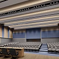 Spacious Conference Room With Neatly Arranged Seats Ceiling Lighting And Wooden Wall Decor