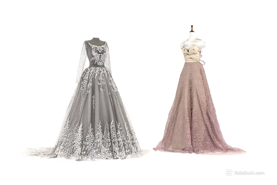 Chic Floor Length Grey Pink Gowns Featuring Lace Embroidery Long Sleeves And Strapless Tulle Skirt 3d model 