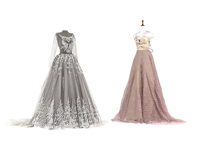 Chic Floor Length Grey Pink Gowns Featuring Lace Embroidery Long Sleeves And Strapless Tulle Skirt 3d model