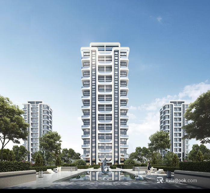 Modern High Rise Residential Buildings Featuring Fountain And Lush Greenery 3d model 