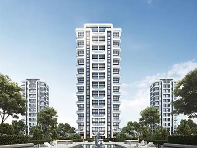 Modern High Rise Residential Buildings Featuring Fountain And Lush Greenery 3d model