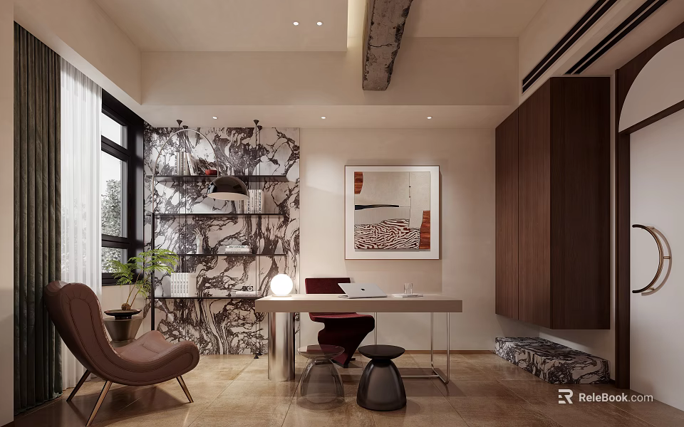 Modern Study Room Interior With Decorative Shelf Desk Armchair Artwork And Natural Light 3d model 