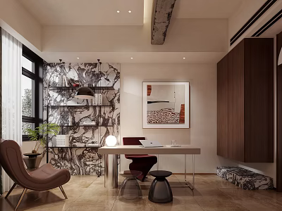 Modern Study Room Interior With Decorative Shelf Desk Armchair Artwork And Natural Light 3d model