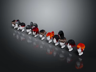 Game And Movie Character Wigs In Various Colors On Mannequin Head Display Arrangement 3d model
