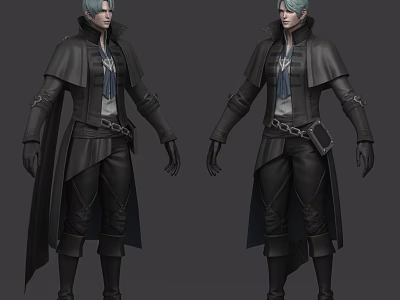Fantasy Game Character Man in Black Long Coat Vest Pants and Boots with Metal Chain 3d model