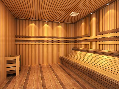 Elegant Modern Wooden Sauna Interior With Recessed Lighting And Wooden Benches 3d model