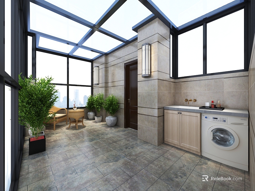 Shower Sauna Laundry Area With Glass Roof Tile Floor Washing Machine And Potted Plants 3d model 