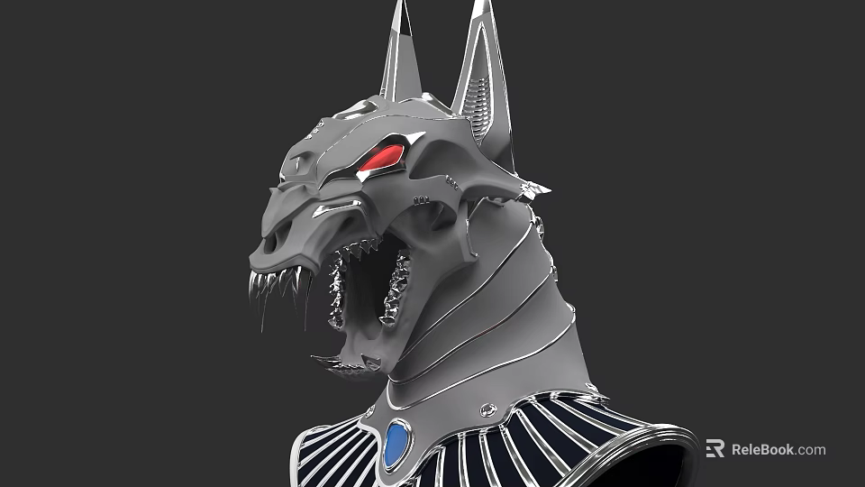 Silver Wolf Head Sculpture With Red Eyes Blue Gemstone And Black Stripes Design 3d model 