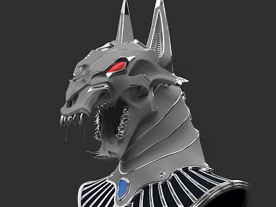 Silver Wolf Head Sculpture With Red Eyes Blue Gemstone And Black Stripes Design 3d model
