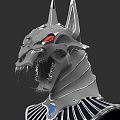 Silver Wolf Head Sculpture With Red Eyes Blue Gemstone And Black Stripes Design