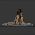 Decorative Garden Ornament With Circular Base Stones And Upright Wooden Logs