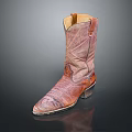 Brown Leather Cowboy Boots With Worn Out Details Aged Sole And Dark Background Reflection