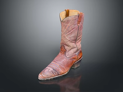 Brown Leather Cowboy Boots With Worn Out Details Aged Sole And Dark Background Reflection 3d model