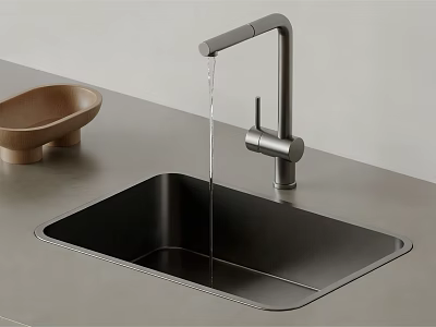 Stylish Black Kitchen Sink With Modern Faucet And Wooden Bowl On Countertop 3d model