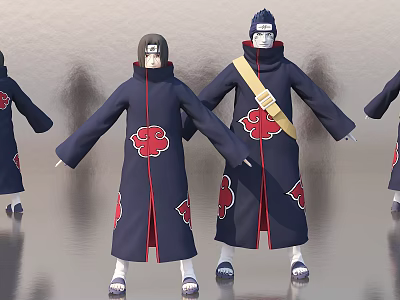 Game Anime Characters Wearing Black Robes With Red Cloud Patterns And Headbands In Standing Poses 3d model