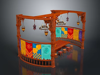 Ornate Wooden Structure With Colorful Banners Hanging Lanterns And Small Stools 3d model