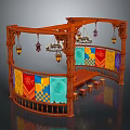 Ornate Wooden Structure With Colorful Banners Hanging Lanterns And Small Stools