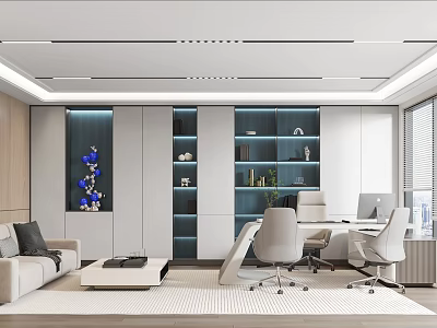 Modern Office Interior Design With Sofa Coffee Table Work Desks Bookshelves And Blue Lighting 3d model