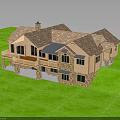 Two Story House With Tile Roof Chimney Stone Base And Wooden Deck On Green Lawn