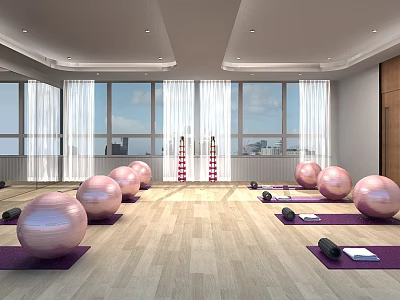 Spacious Fitness Room With Pink Exercise Balls Yoga Mats Dumbbells Large Windows And Wooden Floor 3d model