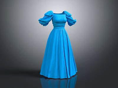 Elegant Blue Long Dress With Puffed Sleeves And Fitted Waist Design 3d model
