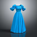 Elegant Blue Long Dress With Puffed Sleeves And Fitted Waist Design