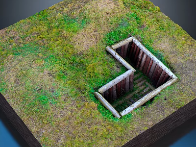 Lush Green Grass Covers Square Soil Block With Central Wooden Planked Trench 3d model