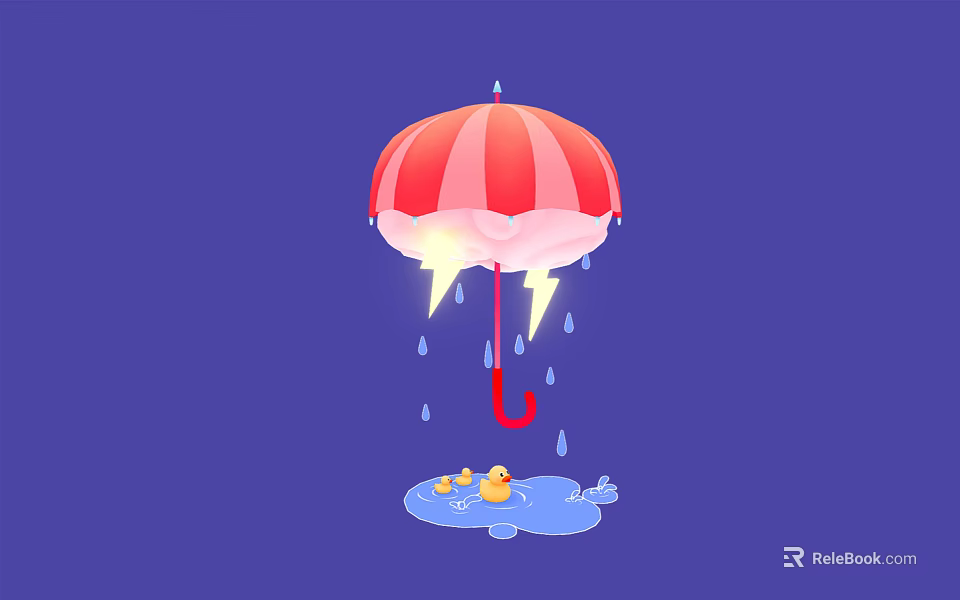Cartoon Scene with Red and White Striped Umbrella Lightning Raindrops and Yellow Ducklings in Puddle 3d model 