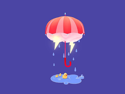 Cartoon Scene with Red and White Striped Umbrella Lightning Raindrops and Yellow Ducklings in Puddle 3d model