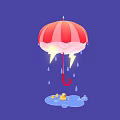 Cartoon Scene with Red and White Striped Umbrella Lightning Raindrops and Yellow Ducklings in Puddle