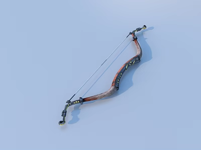 Traditional Handmade Wooden Archery Bow With Decorative Red Brown Design And String 3d model