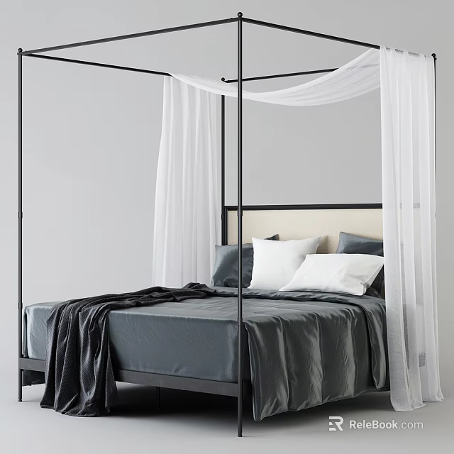 Modern Black Frame Double Bed With White Canopy Curtains And Gray Bed Sheets 3d model 