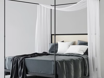 Modern Black Frame Double Bed With White Canopy Curtains And Gray Bed Sheets 3d model