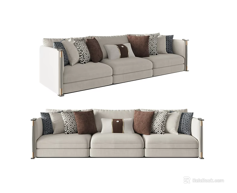 Elegant Light Beige Three Seater Sofa With Patterned And Solid Decorative Pillows 3d model 