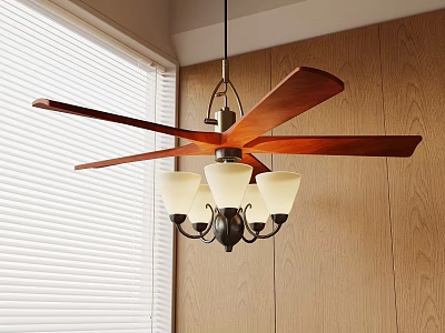 Wooden Blade Ceiling Fan with Light Fixture and White Shades Near Window Blinds 3d model