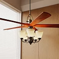 Wooden Blade Ceiling Fan with Light Fixture and White Shades Near Window Blinds