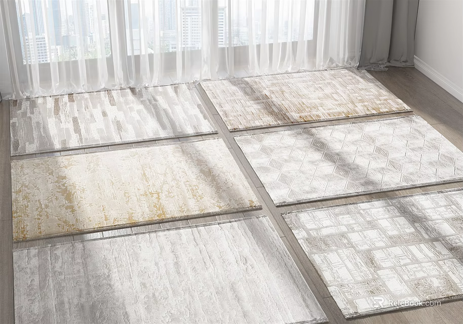 Six Modern Square Rugs With Textured Patterns In Sunlit Room With Window Curtains 3d model 