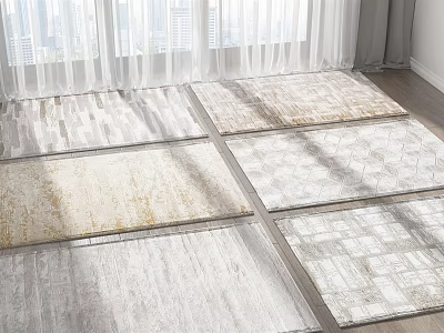 Six Modern Square Rugs With Textured Patterns In Sunlit Room With Window Curtains 3d model