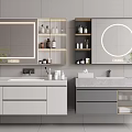Wall Mounted Modern Double Vanity With Backlit Mirrors Marble Countertop Gray White Storage And Greenery