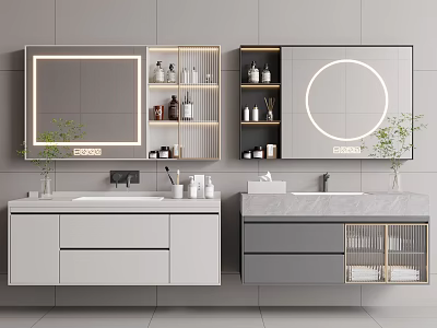 Wall Mounted Modern Double Vanity With Backlit Mirrors Marble Countertop Gray White Storage And Greenery 3d model