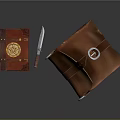 Medieval Witchcraft Kit Setup With Red Cover Book Golden Symbol Knife And Brown Leather Bag