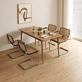 Modern Wooden Dining Table Set With Four Rattan Chairs Metal Frame And Tabletop Decorations