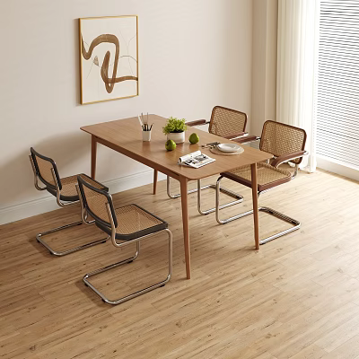 Modern Wooden Dining Table Set With Four Rattan Chairs Metal Frame And Tabletop Decorations 3d model