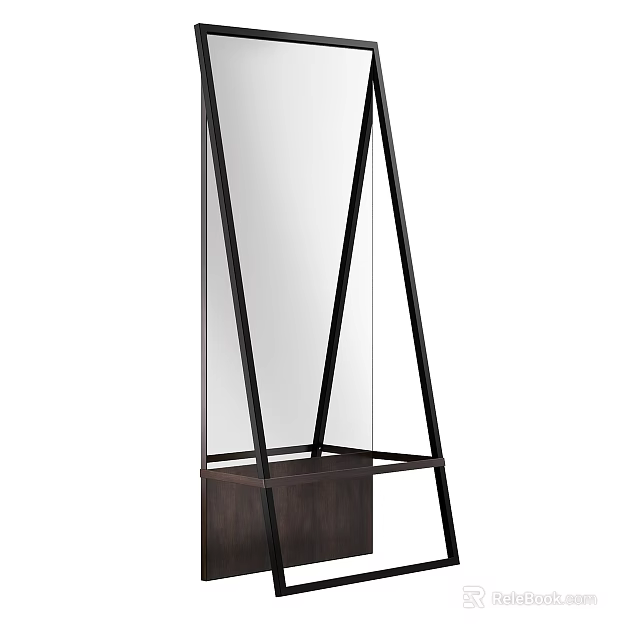 Modern Standing Mirror with Black Triangular Frame and Wooden Storage Shelf Base 3d model 