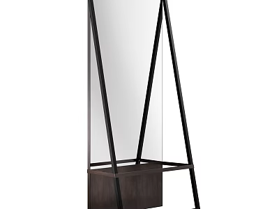 Modern Standing Mirror with Black Triangular Frame and Wooden Storage Shelf Base 3d model