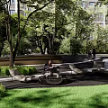 Tranquil Lush Courtyard Garden Design With Tall Trees Stone Benches And Curved Pathways